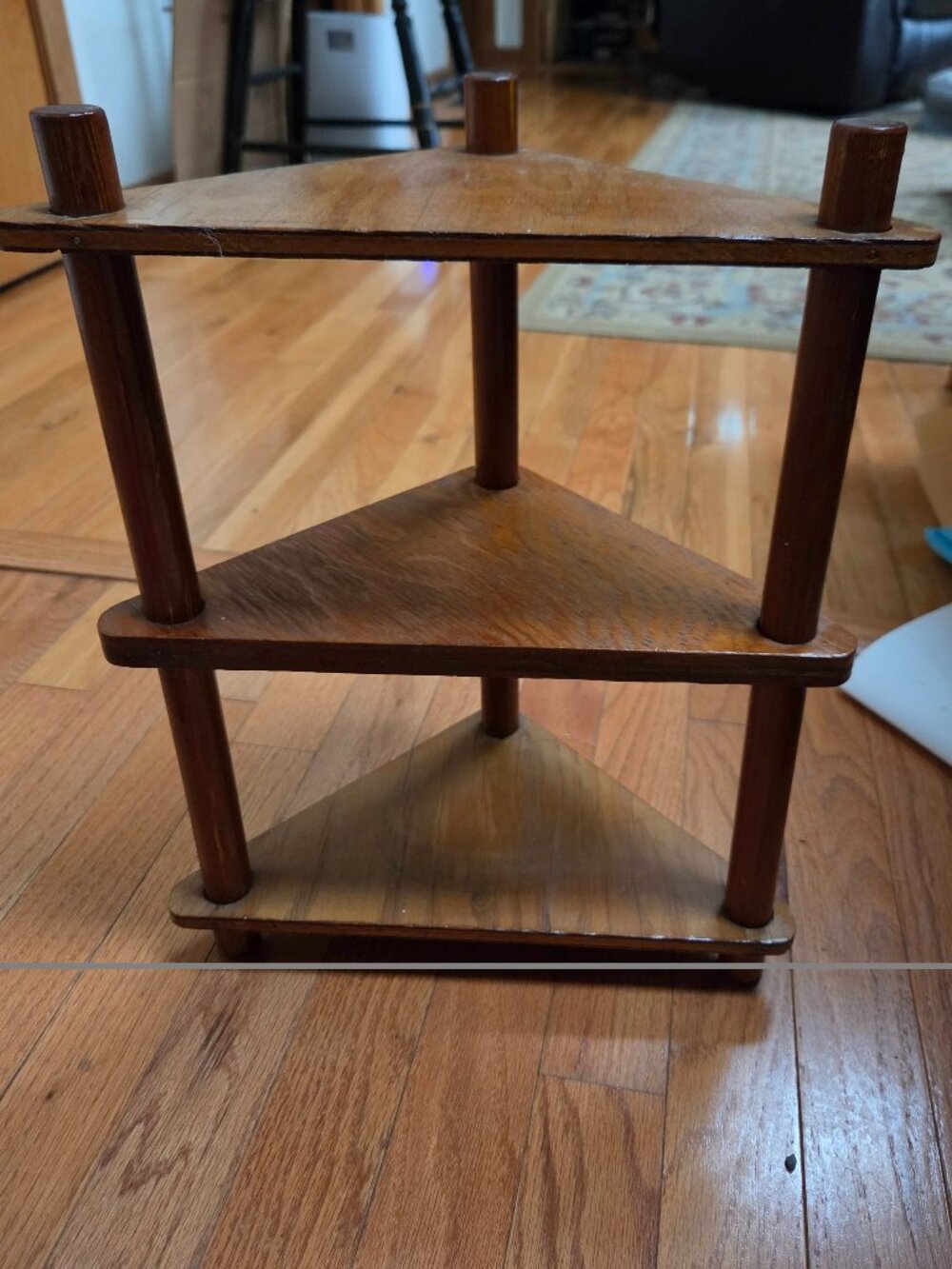 vintage three tier wooden corner shelf trinket display